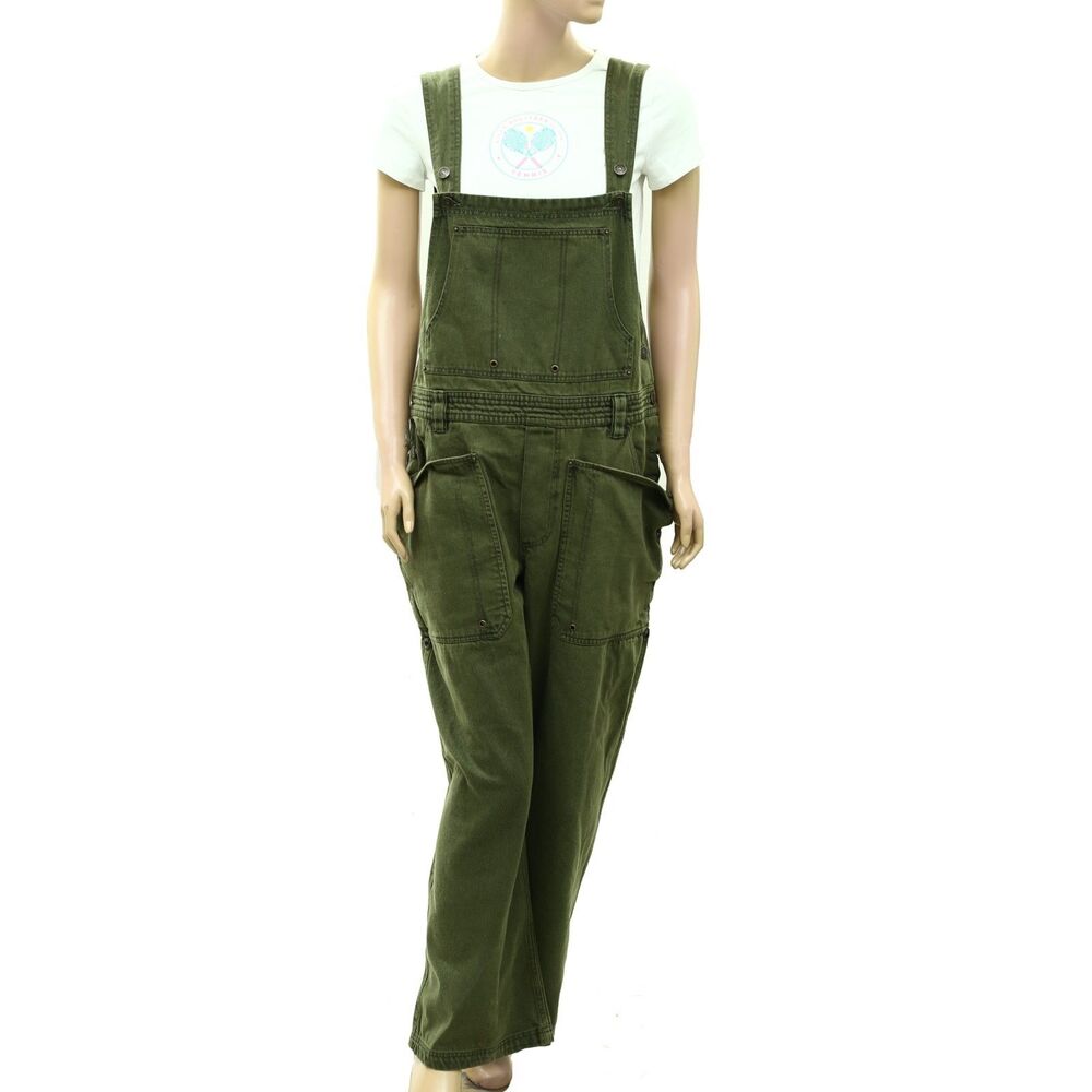 Free People We The Free Just In Time Overalls Jumpsuit Olive Cotton L 289461 - Picture 2 of 7